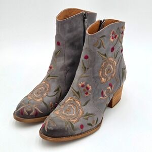 Sofft Women 8.5 Westmont Leather Embroidered Ankle Boot Gray Floral Western